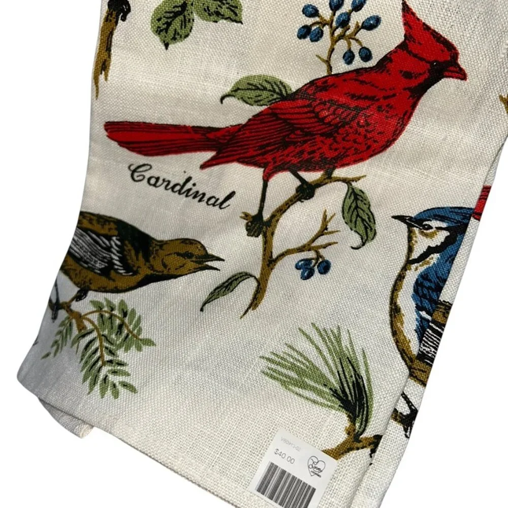 Vintage LINEN NEW red green BIRDS titles print one tea dish towel